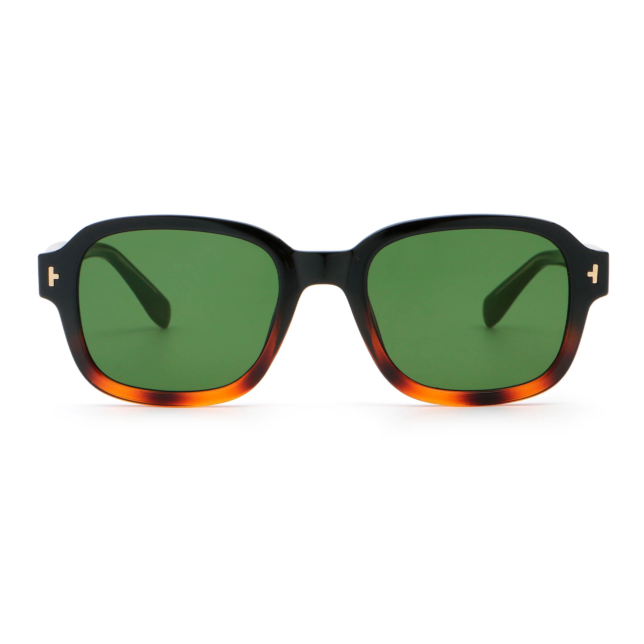 A pair of square-shaped sunglasses with a black and tortoise frame and green lenses on white background.
