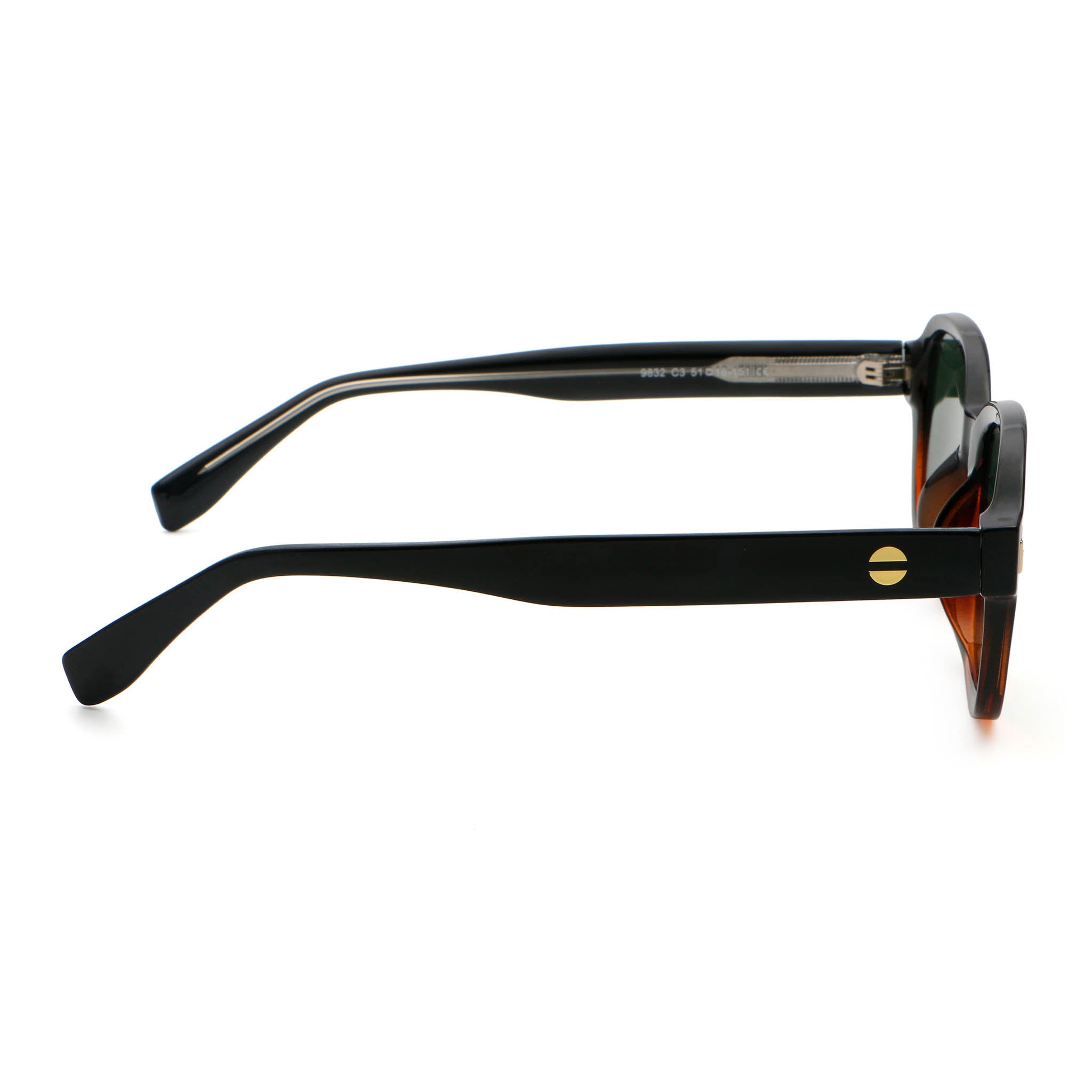 Black and tortoise frame sunglasses with green lenses on white background.