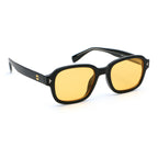 Black frame sunglasses with yellow lenses on white background