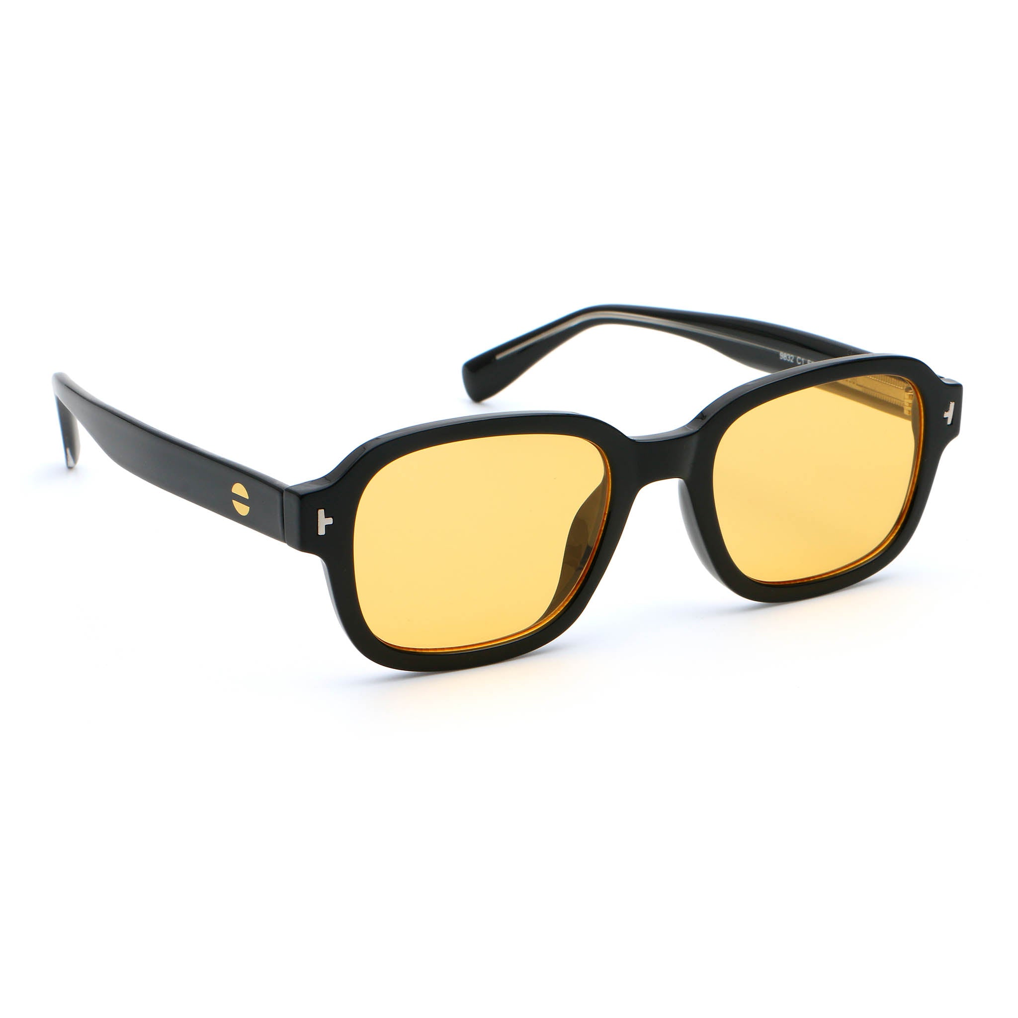 Black frame sunglasses with yellow lenses on white background