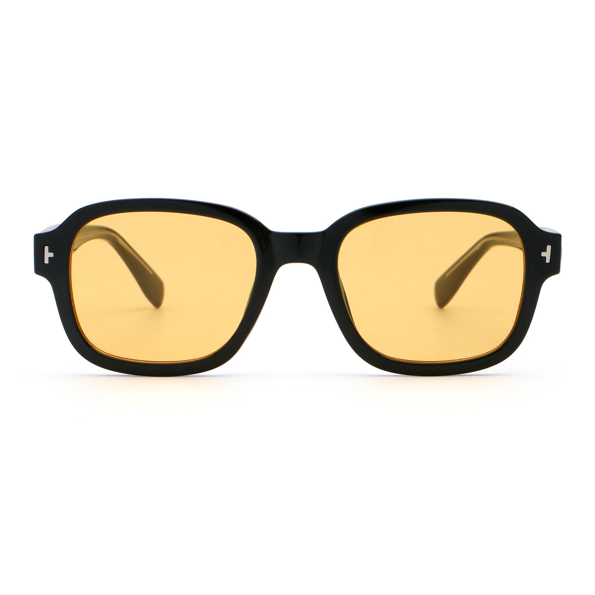 A pair of square-shaped sunglasses with a black frame and yellow lenses.