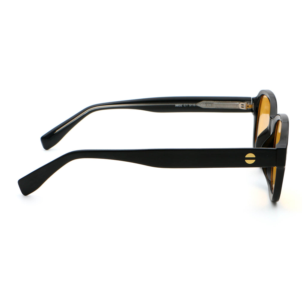 Black frame sunglasses with yellow lenses on white background