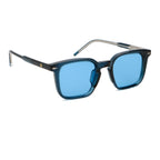 Blue sunglasses with blue lenses on a white background