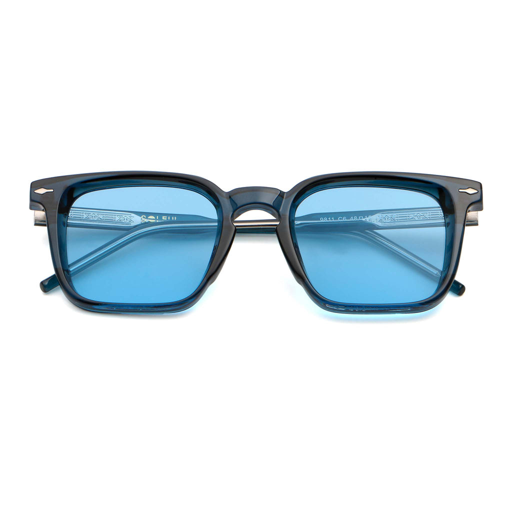 Sunglasses with blue frame and clear blue lenses on a white background.
