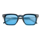 Sunglasses with blue frame and clear blue lenses on a white background.