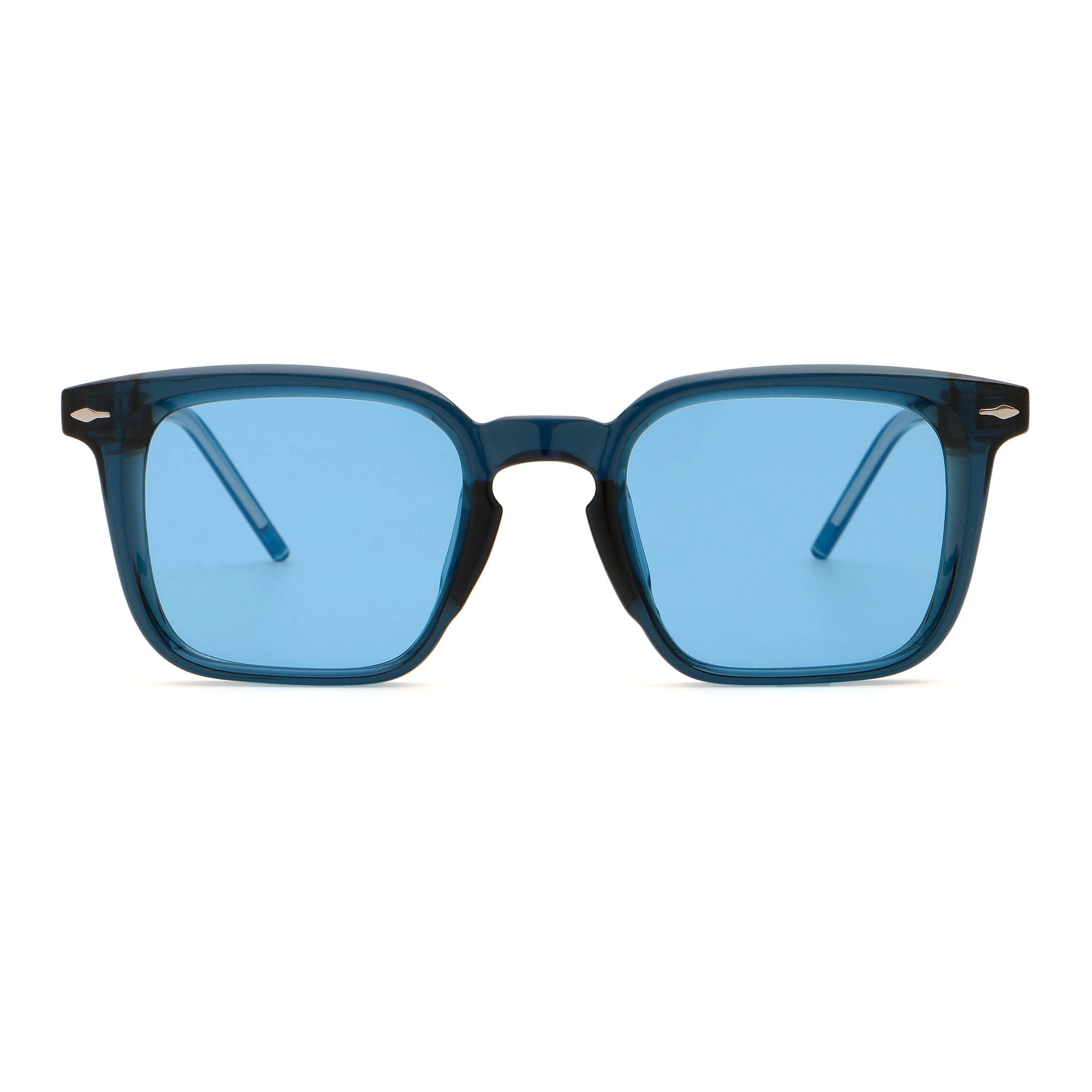 Sunglasses with blue frame and clear blue lenses on a white background. Main image