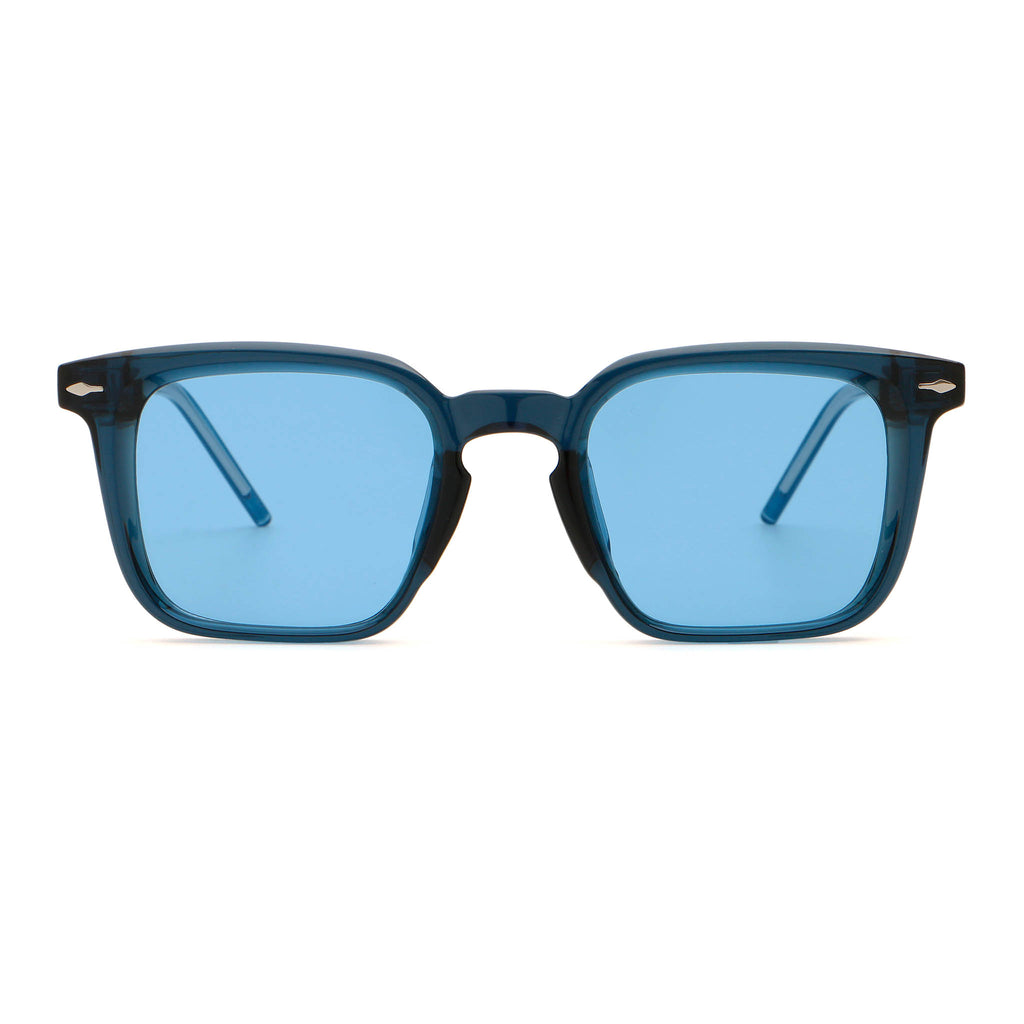 Sunglasses with blue frame and clear blue lenses on a white background.