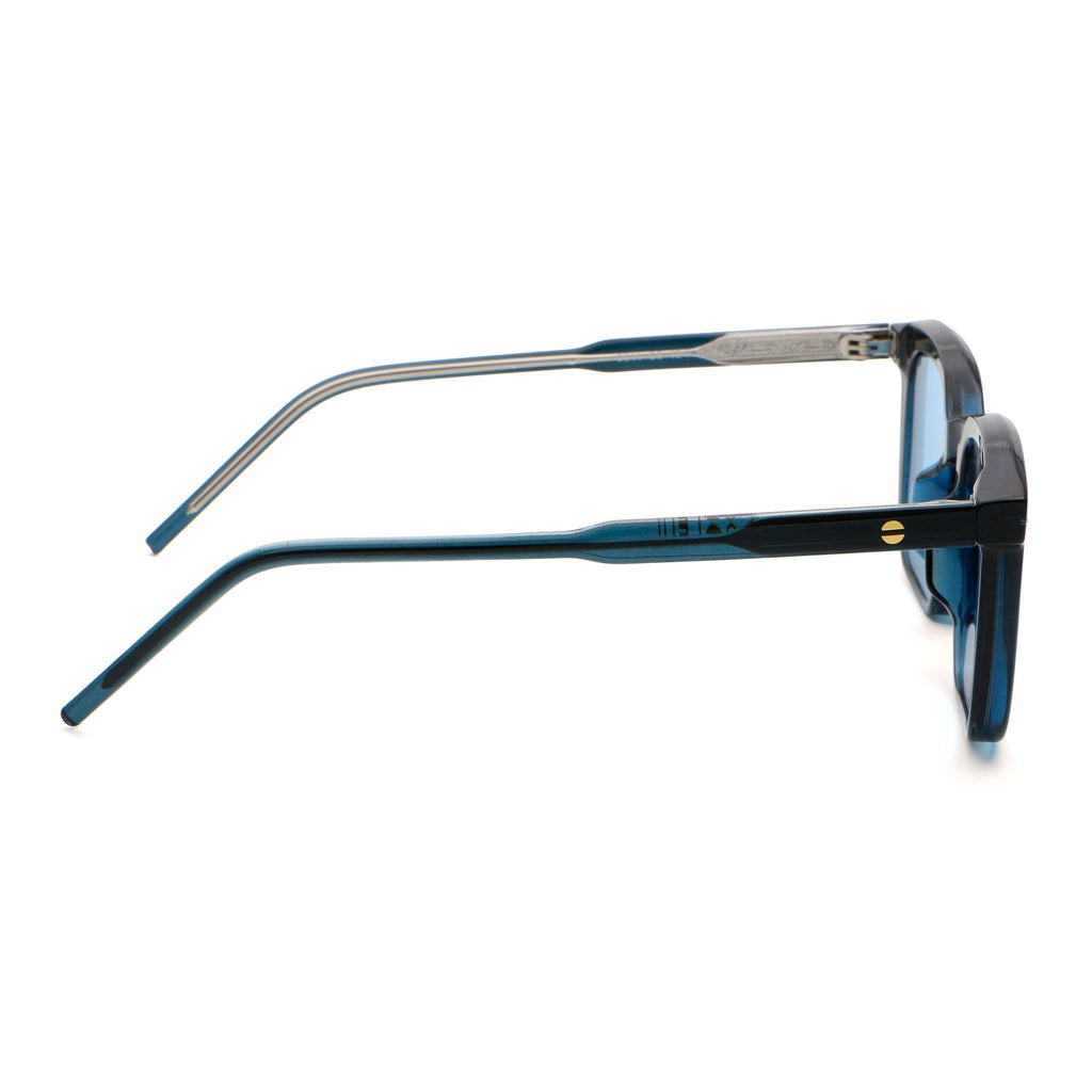 Sunglasses with blue frame and clear blue lenses on a white background.