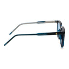 Sunglasses with blue frame and clear blue lenses on a white background.