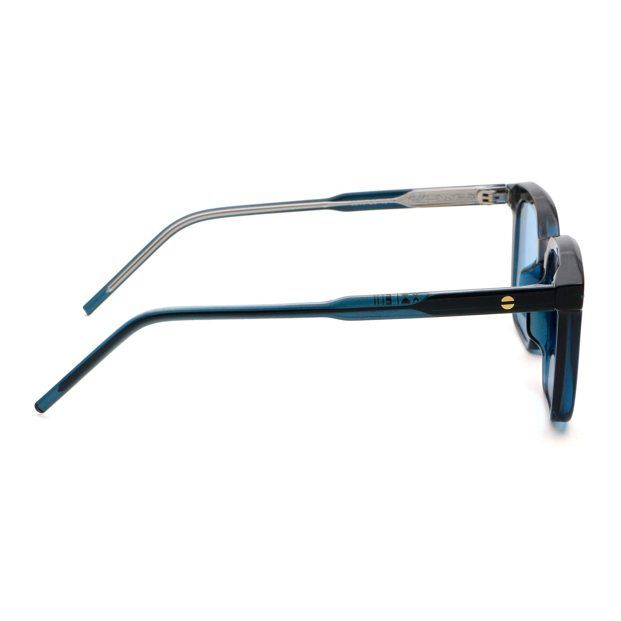 Sunglasses with blue frame and clear blue lenses on a white background.