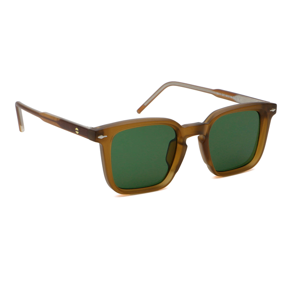 Sunglasses with brown frame and green lenses on a white background.