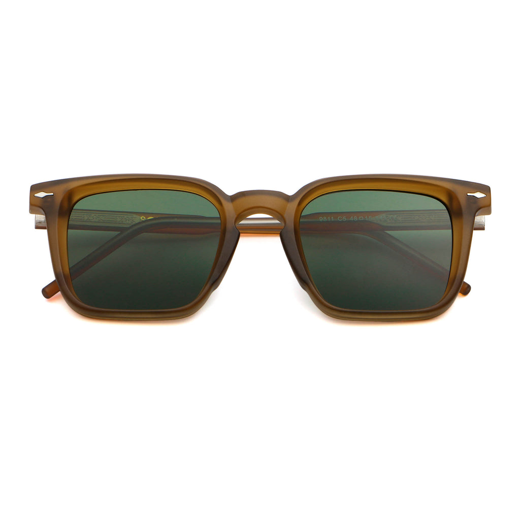 Sunglasses with brown frame and green lenses on a white background.