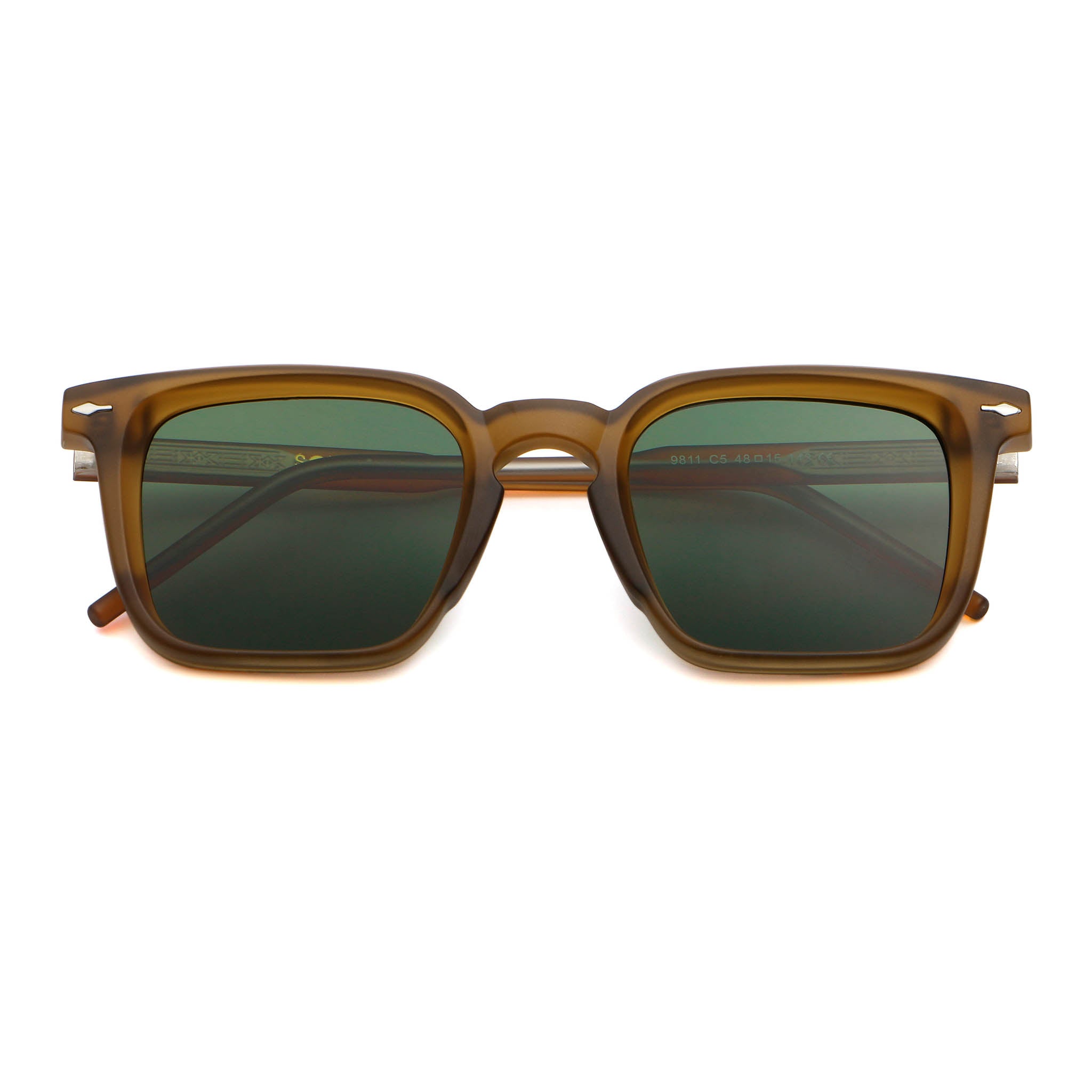 Sunglasses with brown frame and green lenses on a white background.