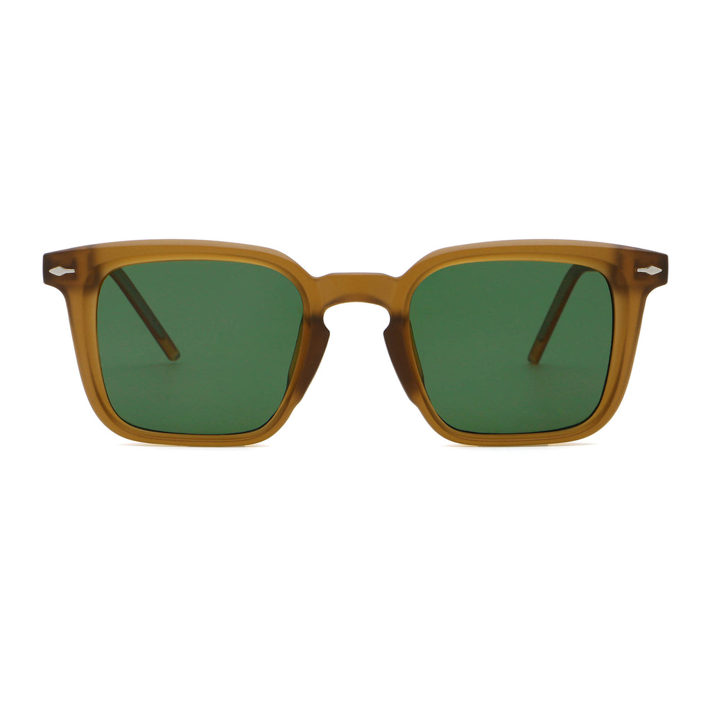Brown sunglasses with green lenses on a white background