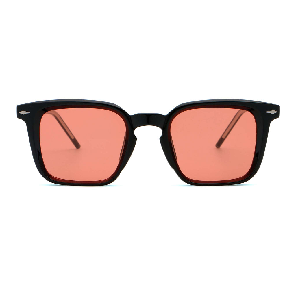 Sunglasses with black frame and red lenses on a white background.