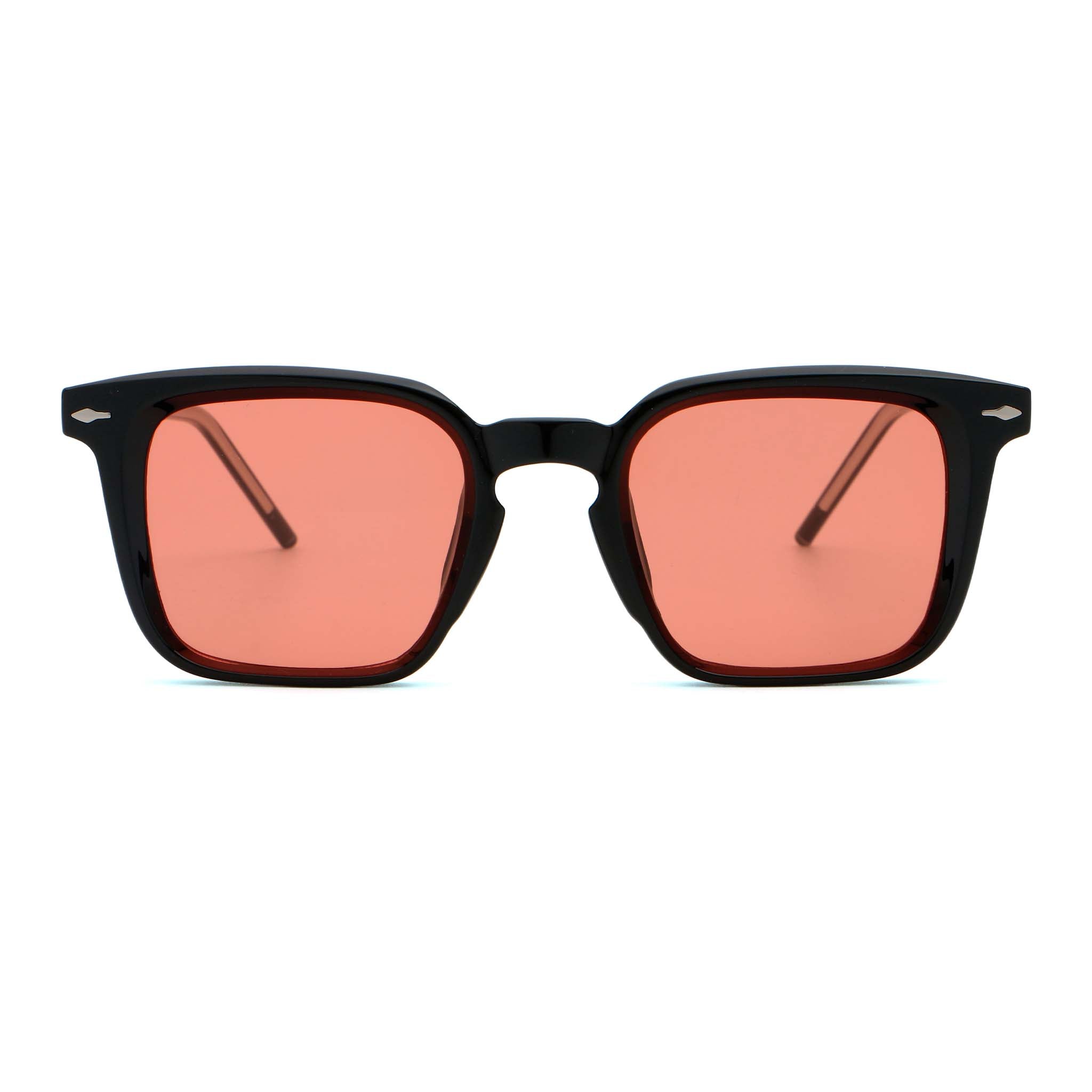 Sunglasses with black frame and red lenses on a white background.