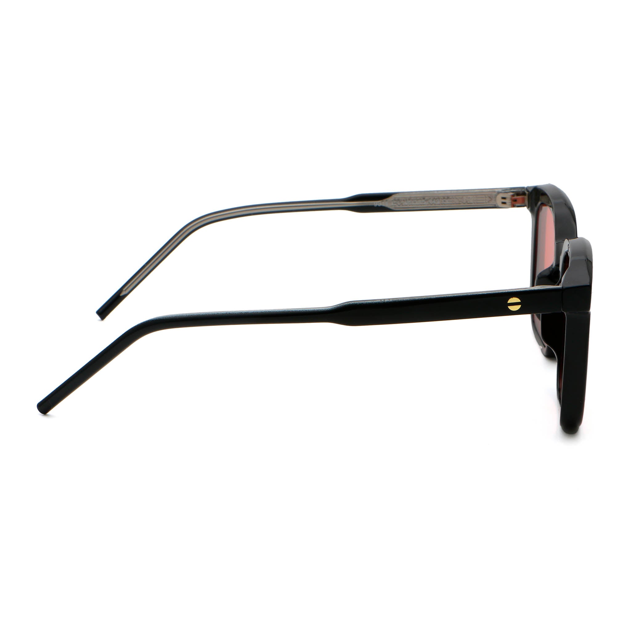 Black frame sunglasses with red lenses on a white background.