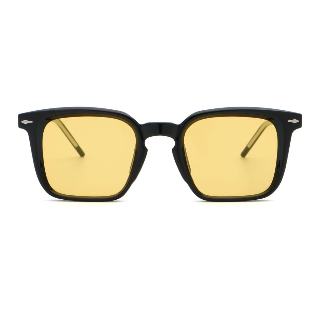 Black-framed sunglasses with yellow lenses on a white background