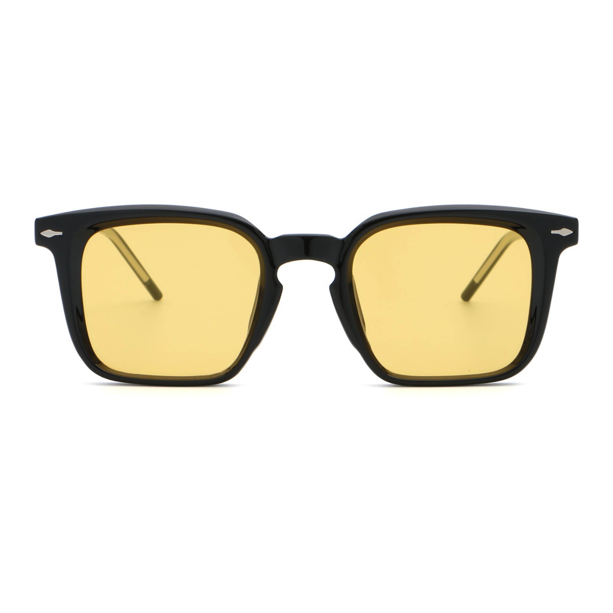 Black-framed sunglasses with yellow lenses on a white background