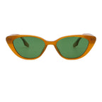 Cat-eye sunglasses with beige frame and green lenses on a white background