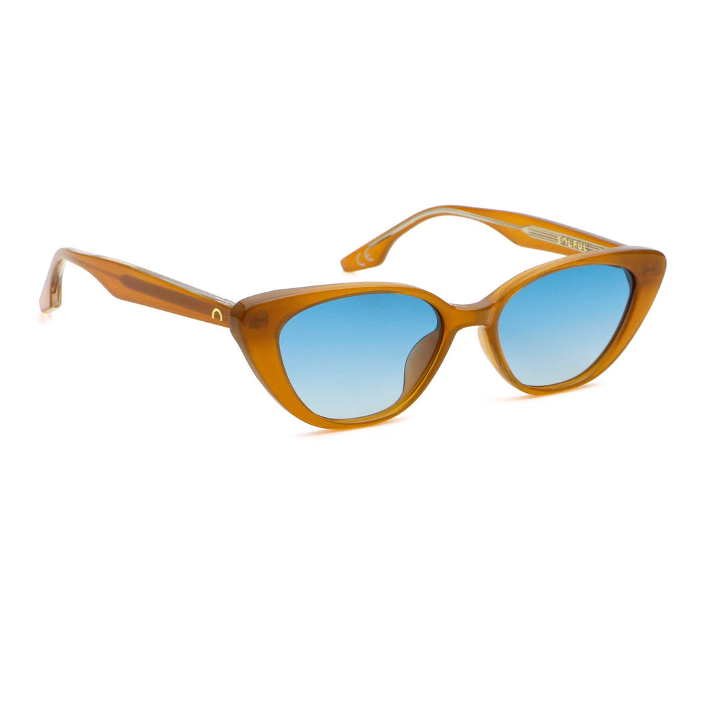 Sunglasses with brown frame and blue lenses on a white background