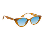 Sunglasses with brown frame and blue lenses on a white background