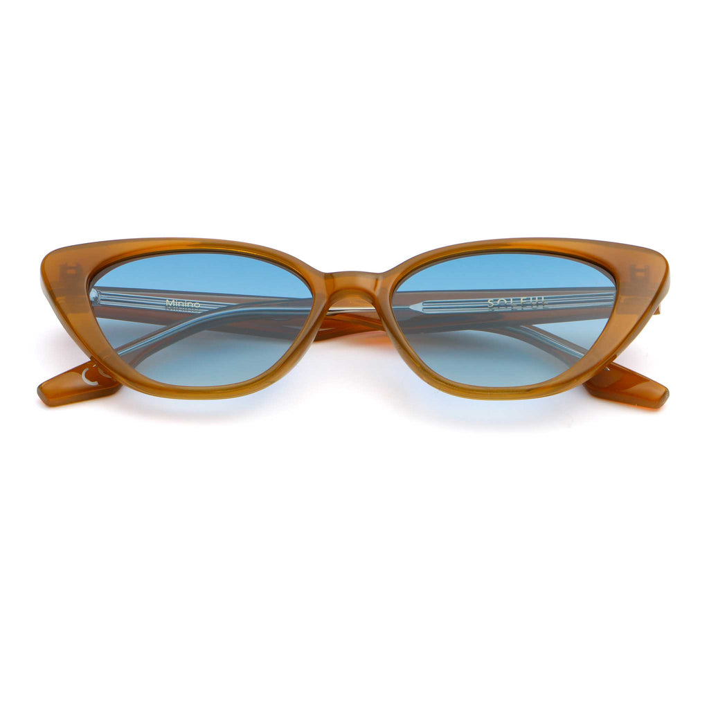 Cat-eye sunglasses with beige frame and blue lenses on a white background
