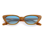 Cat-eye sunglasses with beige frame and blue lenses on a white background