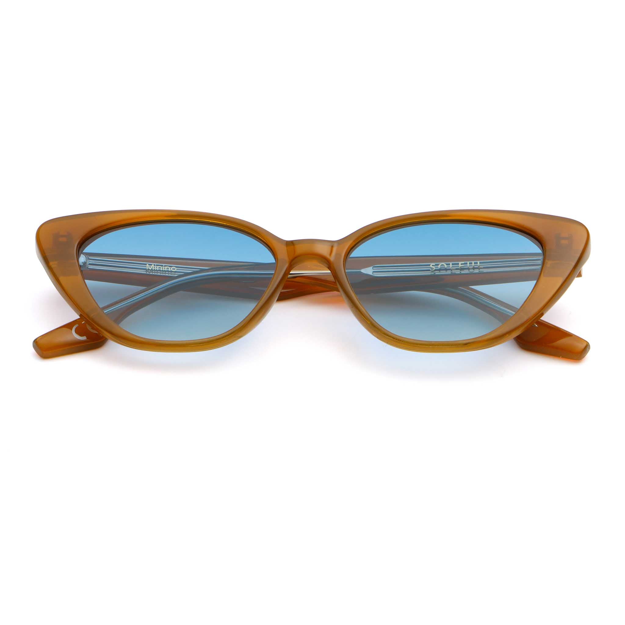 Cat-eye sunglasses with beige frame and blue lenses on a white background