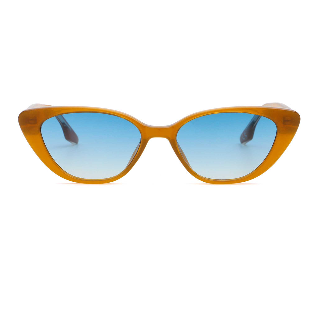 Cat-eye sunglasses with orange frame and blue gradient lenses on a white background