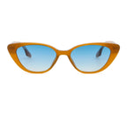 Cat-eye sunglasses with orange frame and blue gradient lenses on a white background