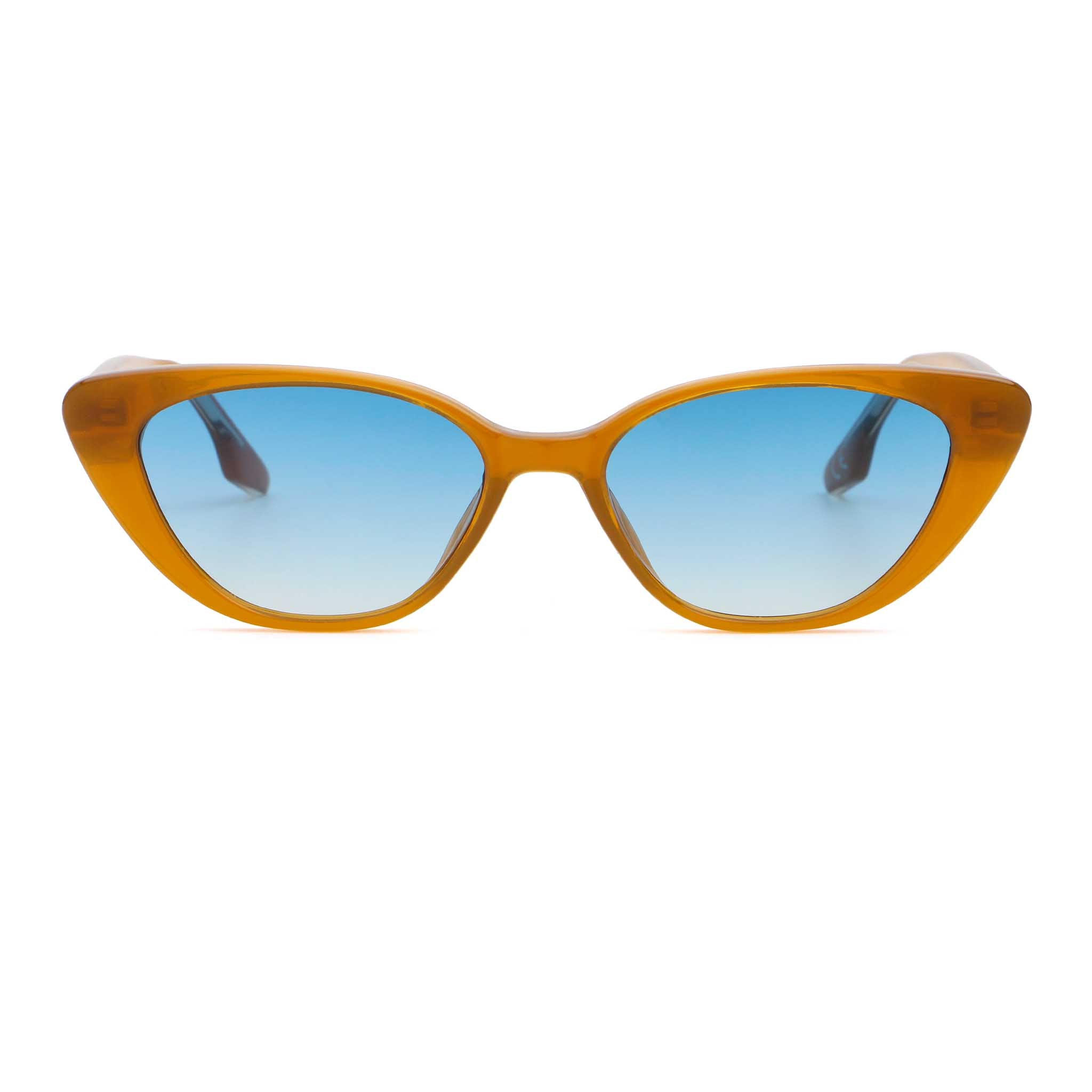 Cat-eye sunglasses with orange frame and blue gradient lenses on a white background