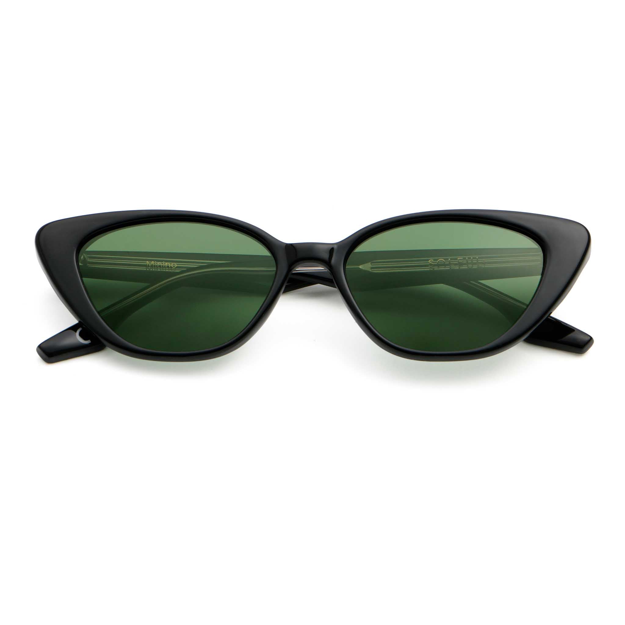 Black cat-eye sunglasses with green lenses on a white background