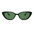 Black cat-eye sunglasses with green lenses on a white background