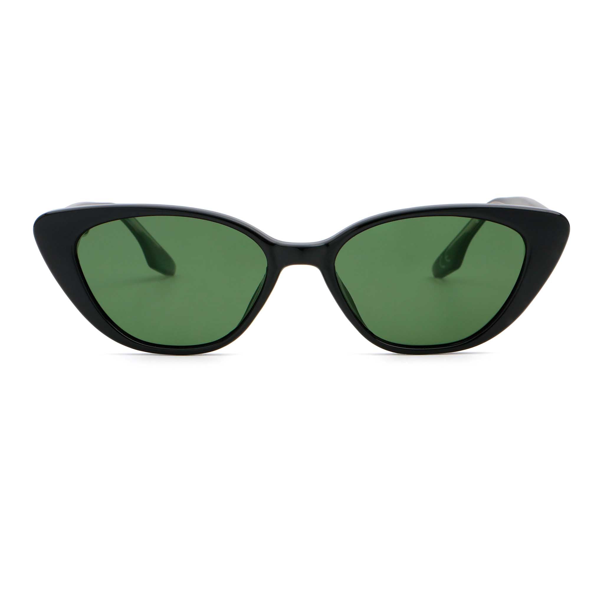 Black cat-eye sunglasses with green lenses on a white background
