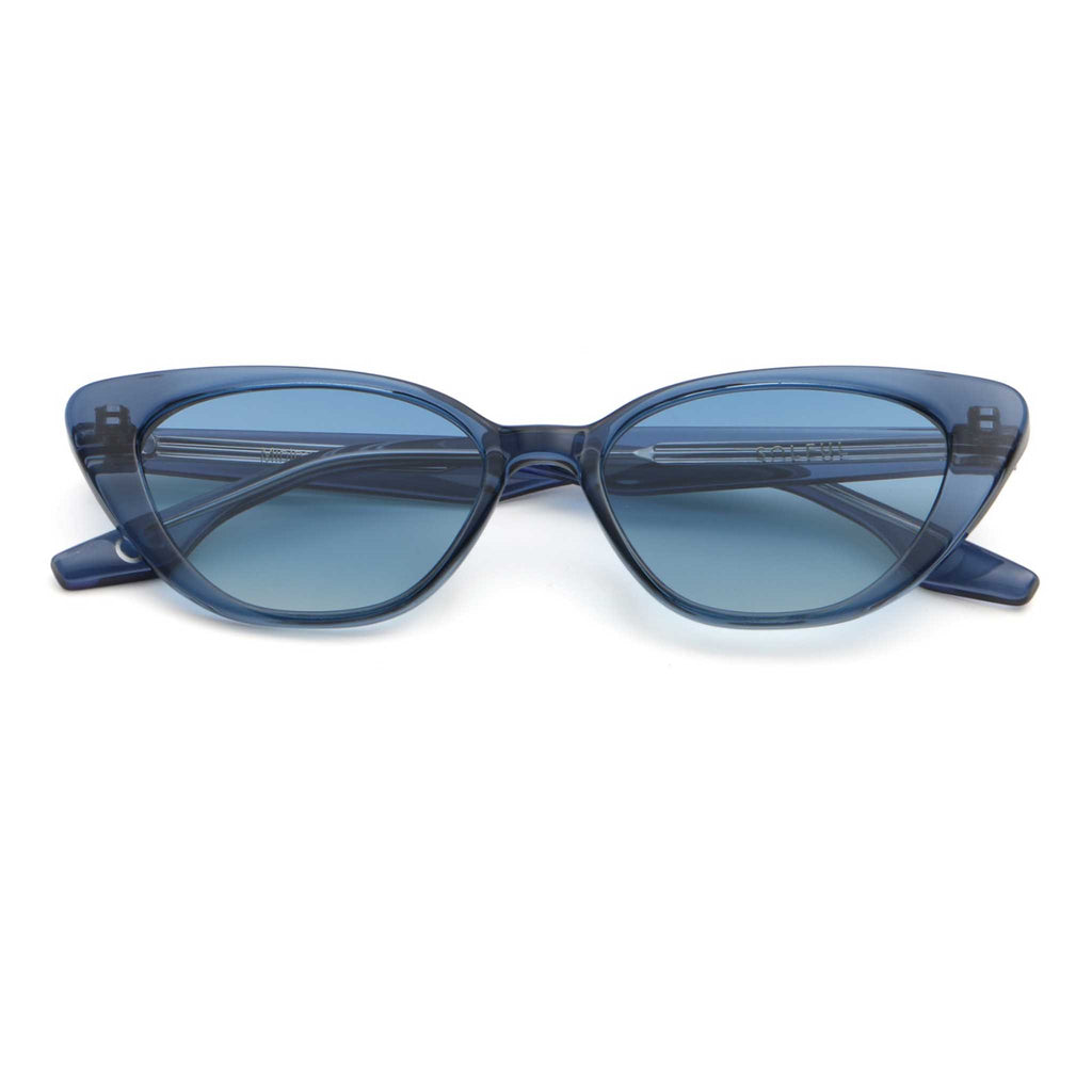 Blue sunglasses with a blue lens on a white background