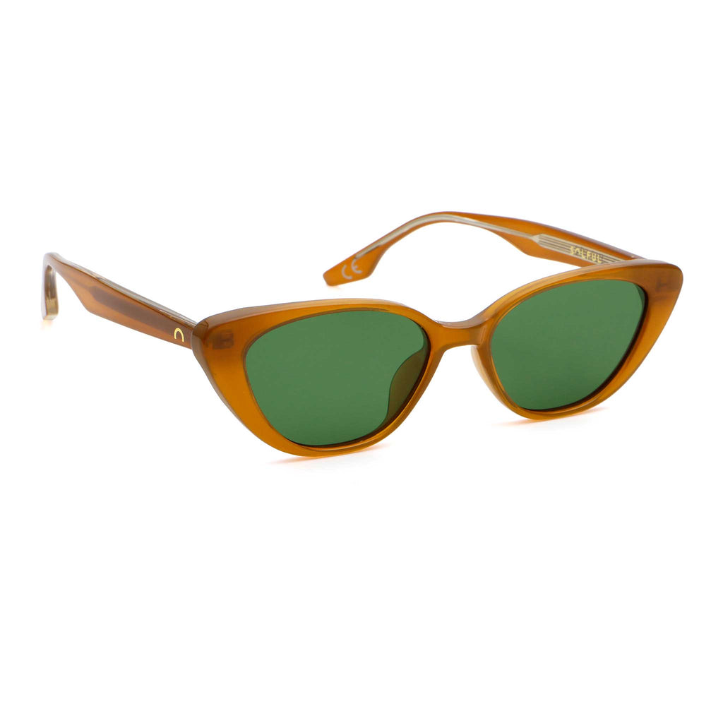 Beige frame sunglasses with a green lens