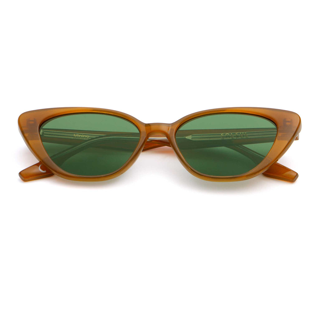 Beige frame sunglasses with a green lens, folded