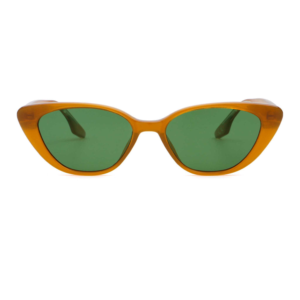 Beige frame sunglasses with a green lens, front view