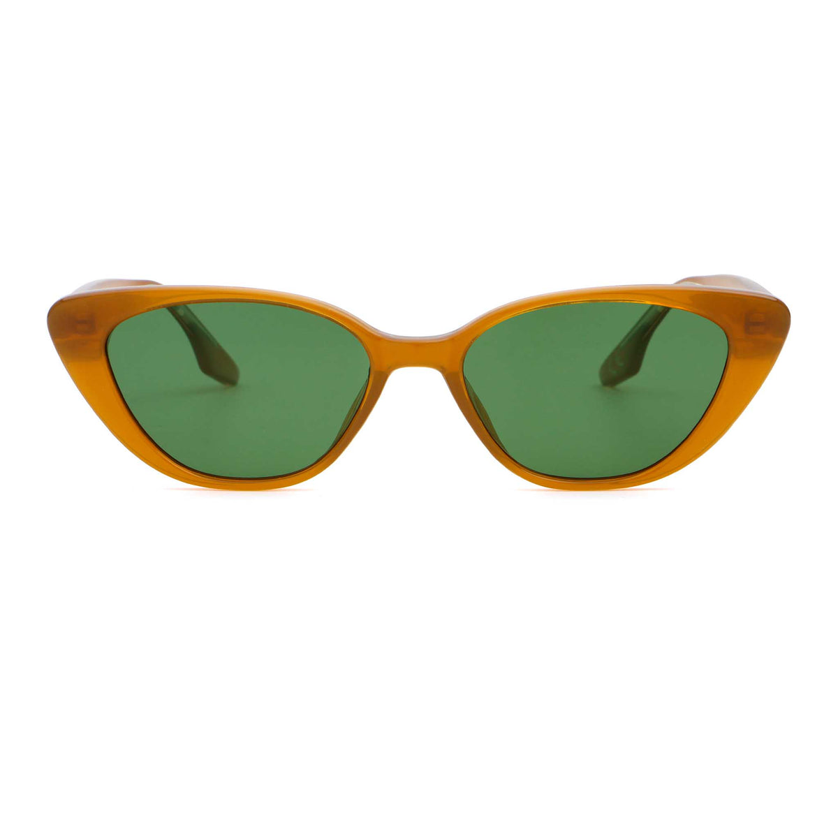 Beige frame sunglasses with a green lens, front view