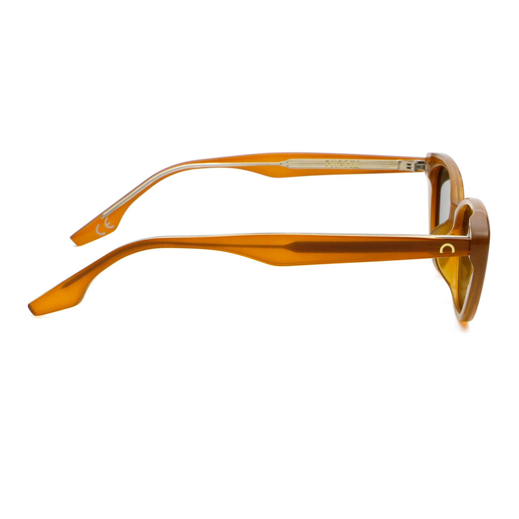 Beige sunglasses with green lens on a white background