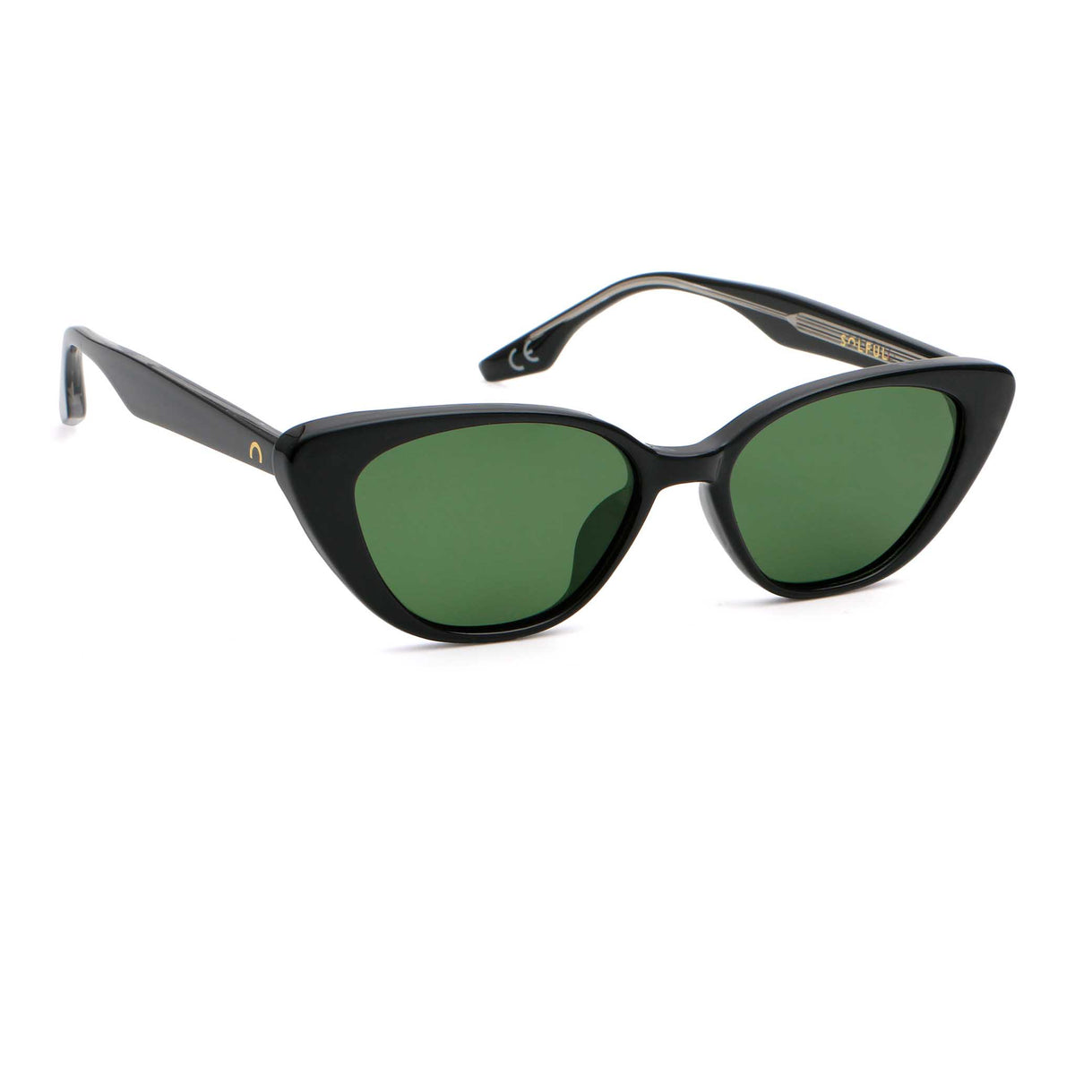 Black frame sunglasses with a green lens