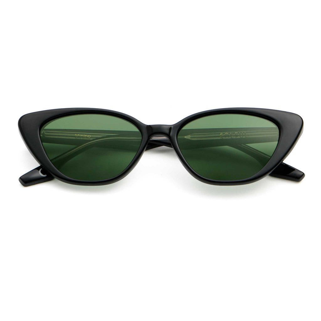 Black frame sunglasses with a green lens, folded