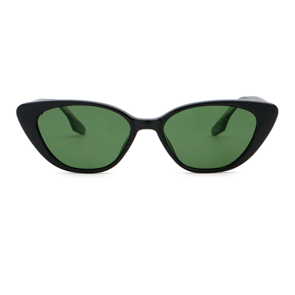 Black frame sunglasses with a green lens, front view