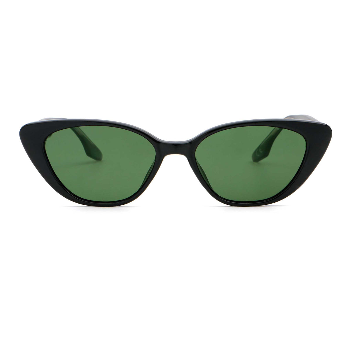 Black frame sunglasses with a green lens, front view