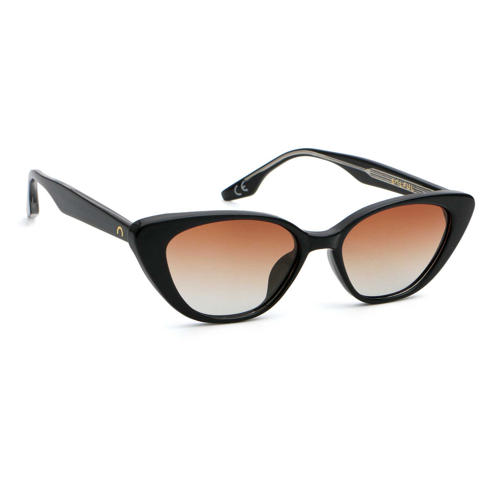 Black frame sunglasses with a pink lens