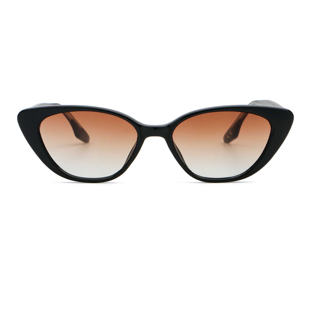 Black frame sunglasses with a pink lens, front view