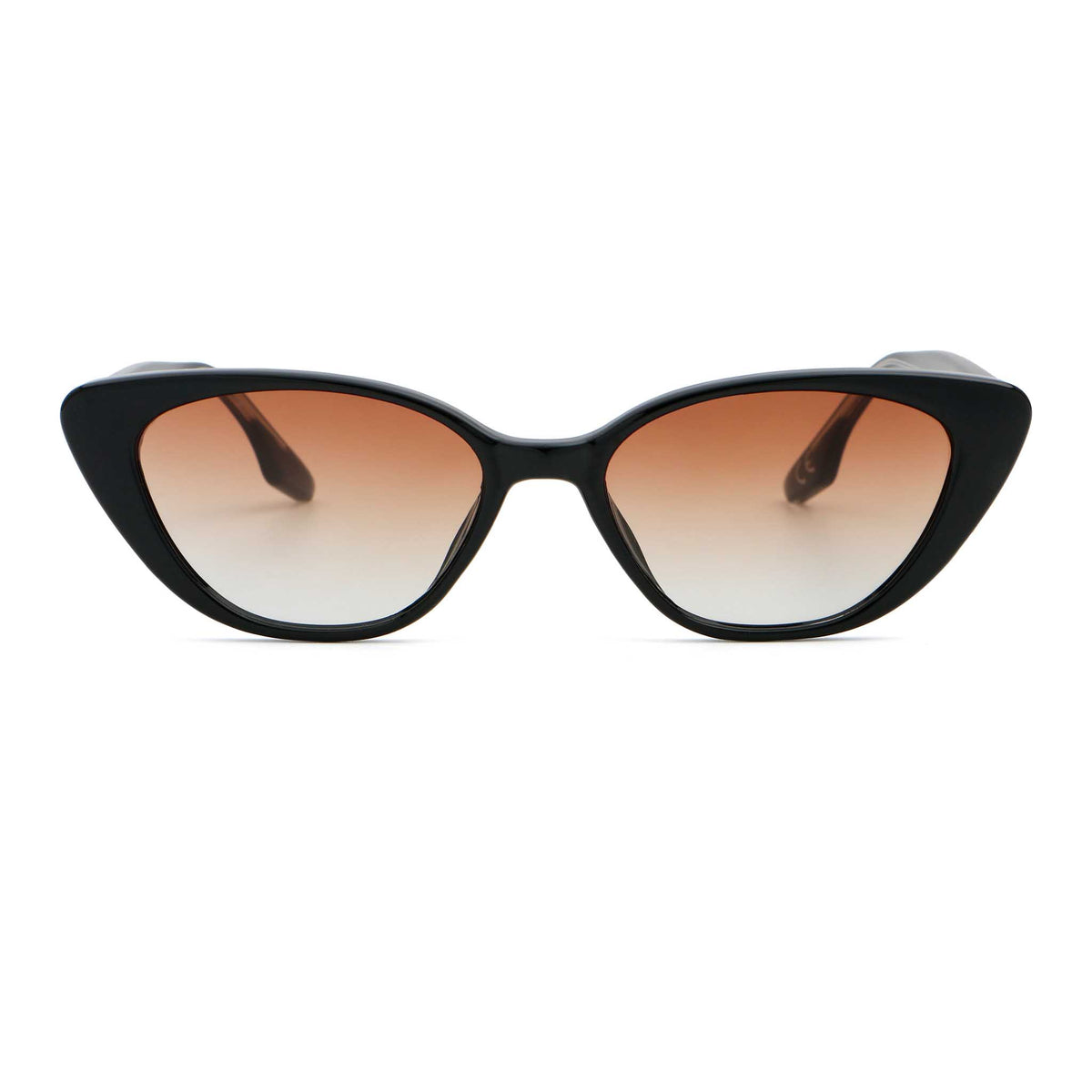 Black frame sunglasses with a pink lens, front view
