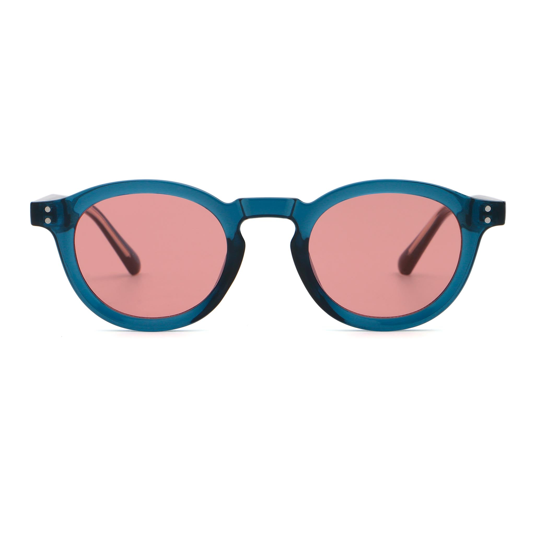 Round blue frame sunglasses with pink lenses on white background. Main image