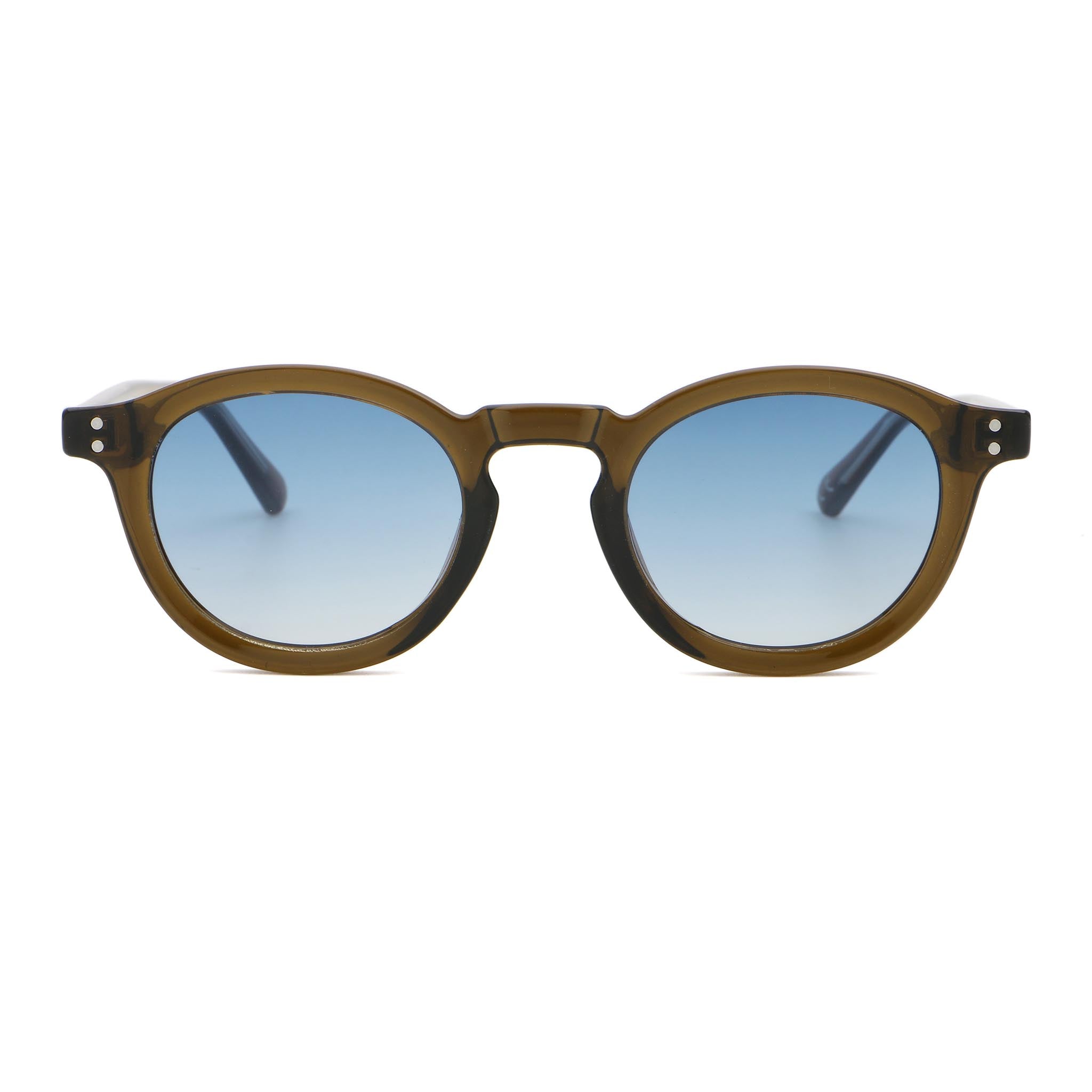 Sunglasses with brown frame and blue gradient lenses on a white background